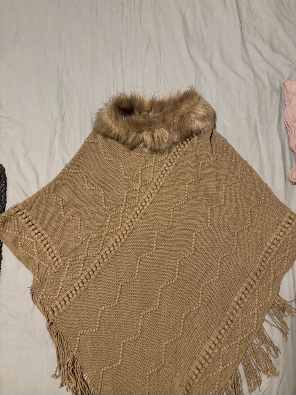 Faux Fur Trim Camel Knit Poncho Sweater